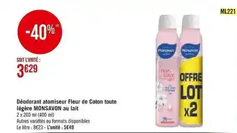 Casino Supermarchés Déodorant atomiseur fleur de coton toute légère monsavon au lait offre