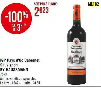 Casino Supermarchés Igp pays d'oc cabernet sauvignon by haussmann offre