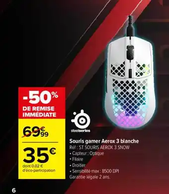 Carrefour Souris gamer aerox 3 blanche steelseries offre