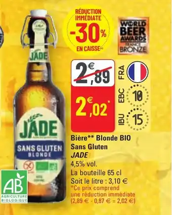G20 Bière blonde BIO sans gluten JADE offre