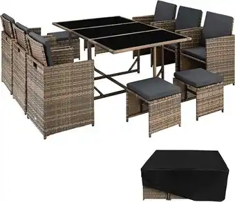 Tectake salon de jardin en résine tressée 10 places housse de protection 6 fauteuils 4 tabourets 1 table