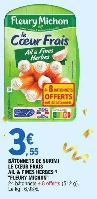 E.Leclerc Bâtonnets de surimi le coeur frais ail & fines herbes offre