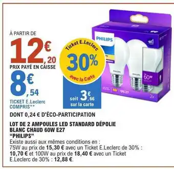 E.Leclerc Lot de 2 ampoules led standard dépolie blanc chaud 60w e27 offre