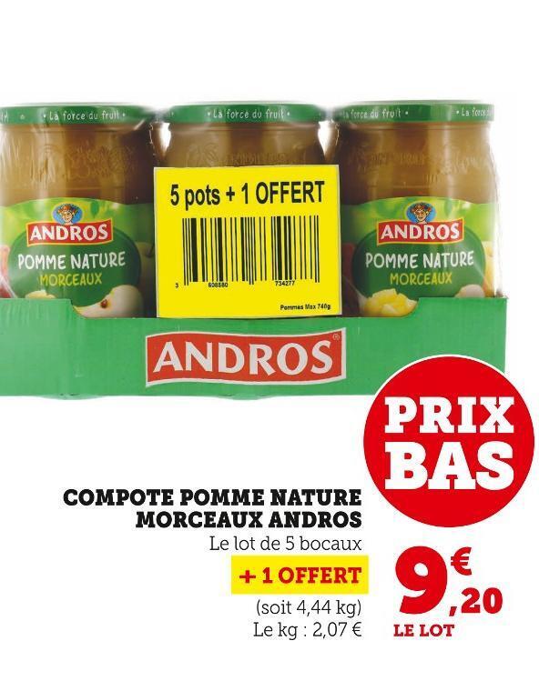 Promo Andros compote pomme nature morceaux chez Super U