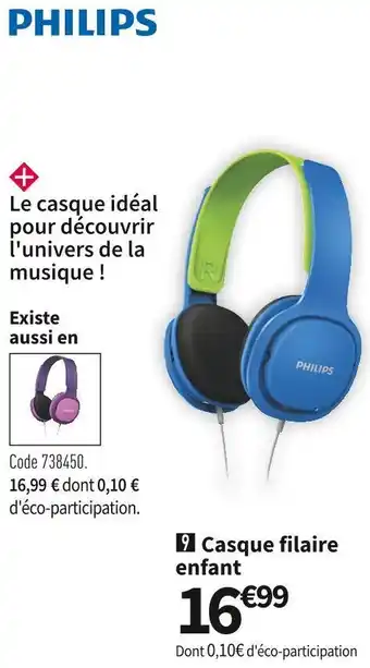 Conforama Philips casque filaire enfant shk2000 bleu offre