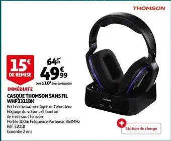 Auchan Casque Thomson Sans Fil WHP3311BK offre