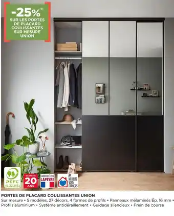 Lapeyre -25% sur les portes de placard coulissantes sur mesure union offre