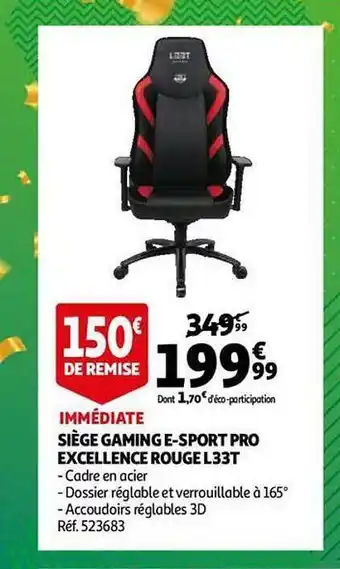 Auchan Siège gaming e-sport pro excellence rouge l33t offre