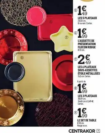 Centrakor Les 5 plateaux, l'assiette de présentation flocon rouge, les 6 plateaux sous-assiettes étoile métalisés, les 3 plateaux, le s offre