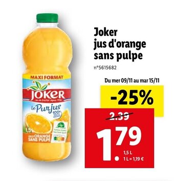 Lidl Joker jus d'orange sans pulpe offre