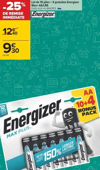Carrefour Energizer lot de 10 piles + 4 gratuites energizer max+ aa/lr6 offre