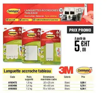 Plein ciel Languette accroche tableau 3m command offre