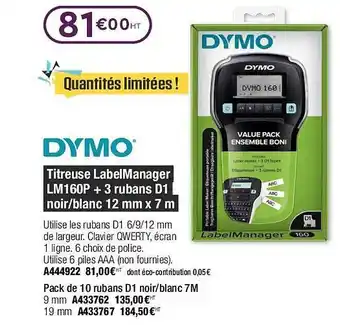 Plein ciel Titreuse labelmanager lm160p + 3 rubans d1 noir-blanc 12 mm x 7 m dymo offre