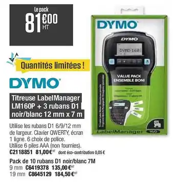 Plein ciel Titreuse label manager lm160p + 3 rubans d1 noir-blanc 12 mm x 7 m dymo offre