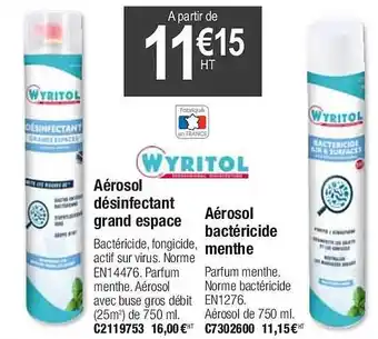 Aérosol désinfectant grand espace wyritol, aérosol bactéricide menthe wyritol