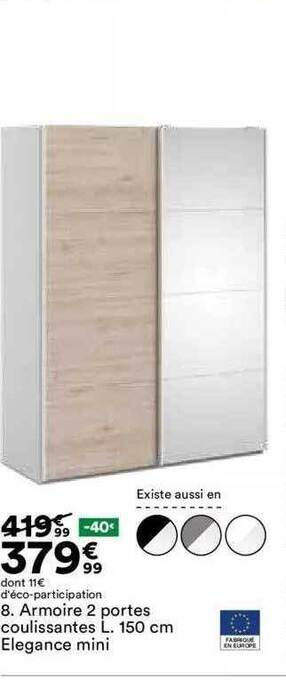 BUT Armoire 2 portes coulissantes l. 150 cm elegance mini offre