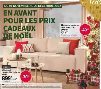 Conforama Coussin paillettes doré 30x30 cm canapé convertible 3 places nihad offre