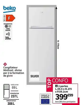 Conforama 2 portes l. 59.5 x h. 175 x p. 59.2 cm beko offre