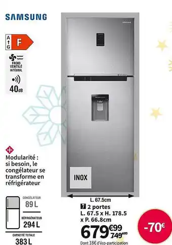 Conforama Samsung 2 portes l. 67.5 x h. 178.5 x p. 66.8 cm offre