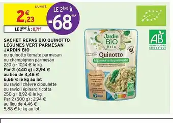 Intermarché Express Sachet repas bio quinotto légumes vert parmesan jardin bio offre