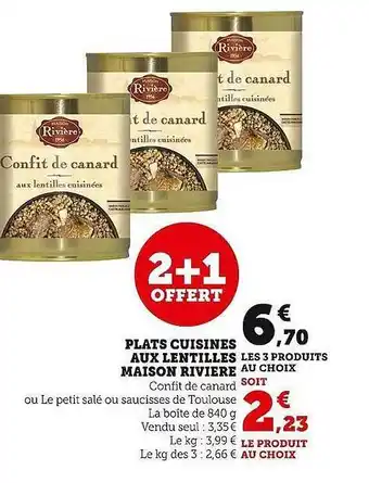 Super U Plats cuisines aux lentilles maison rivière 2+1 offert offre