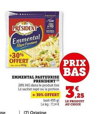 Super U Emmental pasteurisé président offre