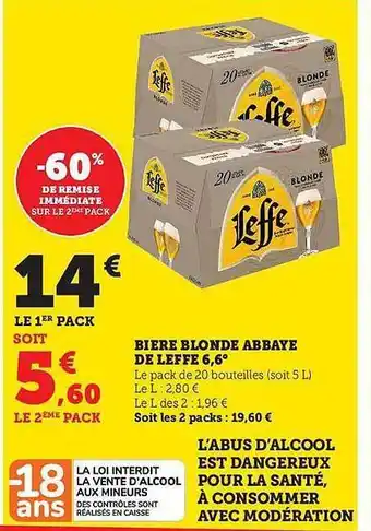 Hyper U Bière blonde abbaye de leffe 6,6° offre
