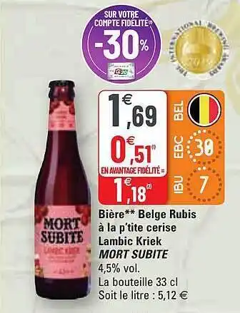 G20 Bière belge rubis à la p'tite cerise lambic kriek mort subite offre