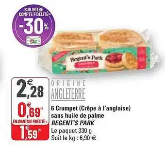 G20 6 crumpet (crêpe à l'anglaise) sans huile de palme regent's park offre