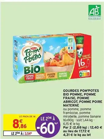 Gourdes pom'potes bio pomme, pomme fraise, pomme abricot, pomme poire materne