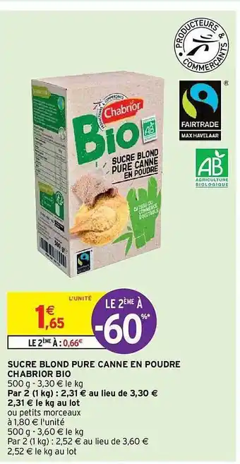 Intermarché Hyper Sucre blonde pure canne en poudre chabrior bio offre