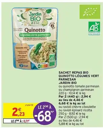 Intermarché Hyper Sachet repas bio quinotto légumes vert parmesan jardin bio offre