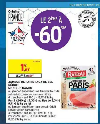 Intermarché Hyper Jambon de paris taux de sel réduit monique ranou offre