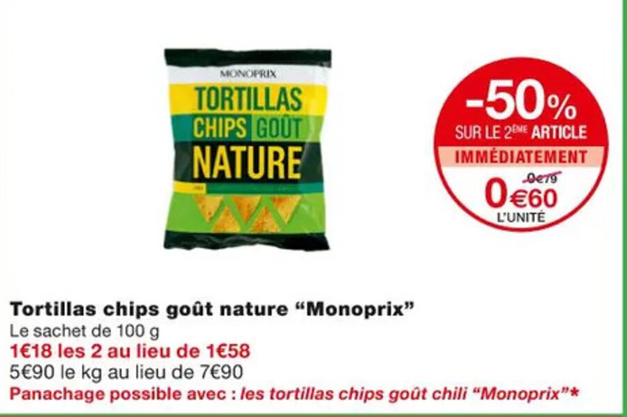 Promo Tortillas chips goût nature "MONOPRIX" chez Monoprix