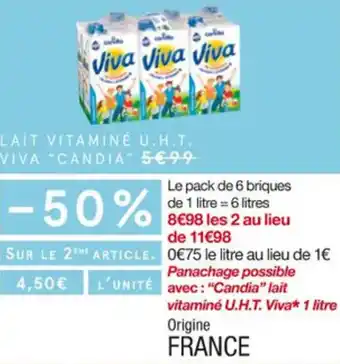 Monoprix Lait vitamine U.H.T. viva "CANDIA" offre