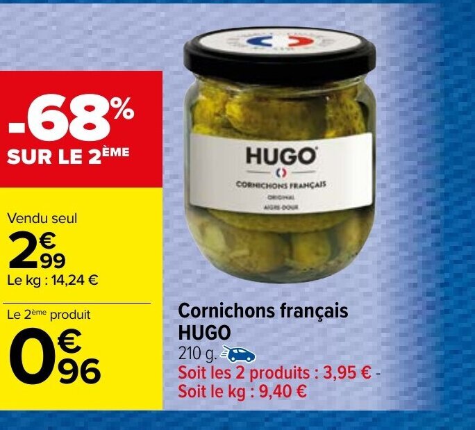 Promo Cornichons Français Hugo chez Carrefour Market