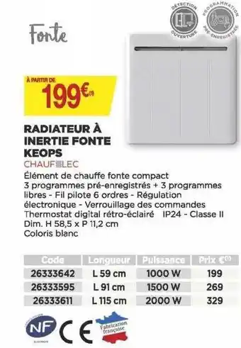 Bricomarché Radiateur à inertie fonte keops chaufelec offre