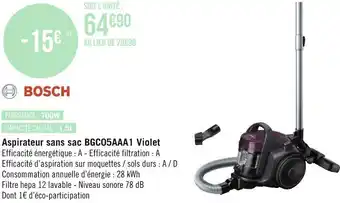 Géant Casino Bosch aspirateur sans sac bgc05aaa1 violet offre