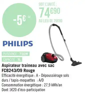 Géant Casino Philips aspirateur traineau avec sac fc8243/09 rouge offre