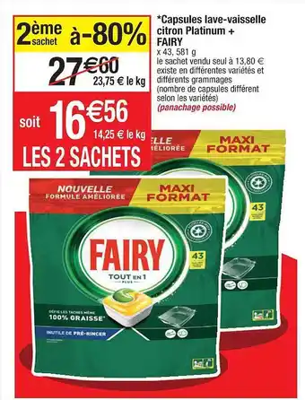 Cora x Carrefour Capsules lave-vaisselle citron platinum+ fairy offre