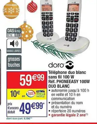 Cora x Carrefour Téléphone duo blanc sans fil 100w doro offre