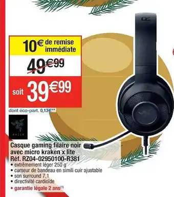 Cora x Carrefour Casque gaming filaire noir avec micro kraken x lite offre