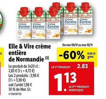 Lidl Elle & vire crème entière de normandie offre