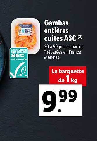Lidl Gambas entières cuites asc offre