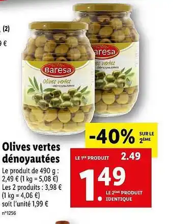 Lidl Olives vertes dénoyautées baresa offre