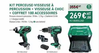 Loxam Kit perceuse-visseuse à percussion + visseuse à choc + coffret 100 accessoires hikoki offre