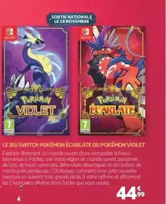 Auchan Le jeu switch pokémon écarlate ou pokémon violet offre