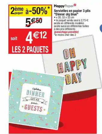 Cora x Carrefour Serviettes en Papier 3 Plis Dinner olg Blue offre
