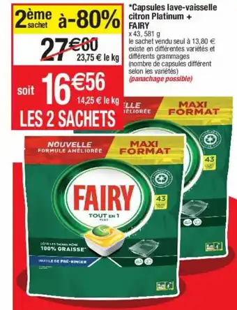 Cora x Carrefour Capsules Lave-Vaisselle Citron Platinum + Fairy offre
