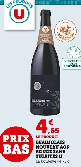 Super U U beaujolais nouveau aop rouge sans sulfites offre